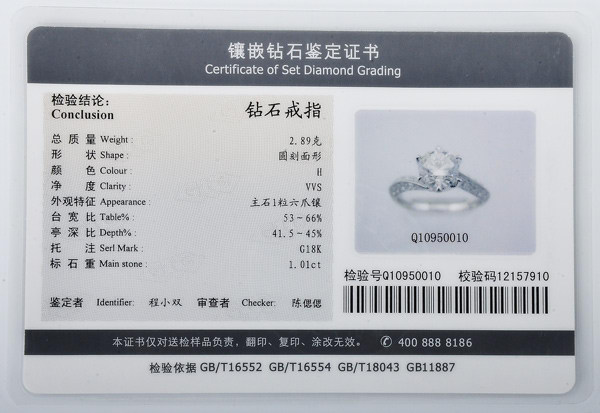 GIC鑲嵌鉆石分級證書